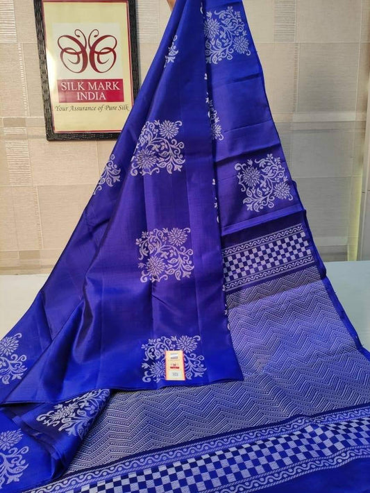 Elegant Soft Silk Saree with Silver Zari Border & Floral Motifs – Traditional Party Wear Saree - BLUE