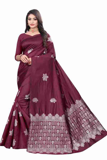Royal Maroon Traditional Saree with Intricate Silver Work