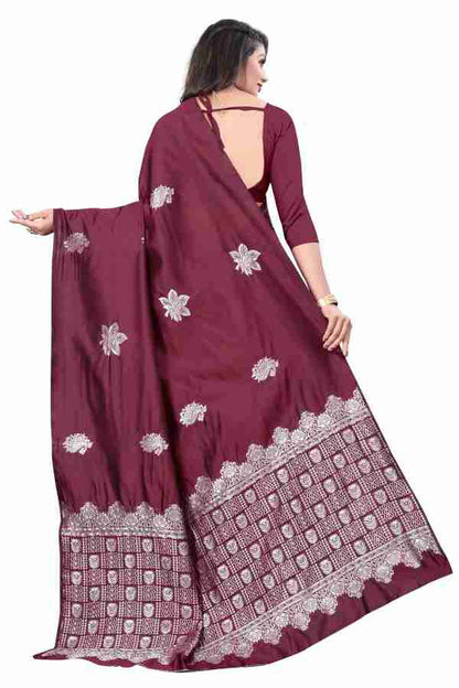 Royal Maroon Traditional Saree with Intricate Silver Work