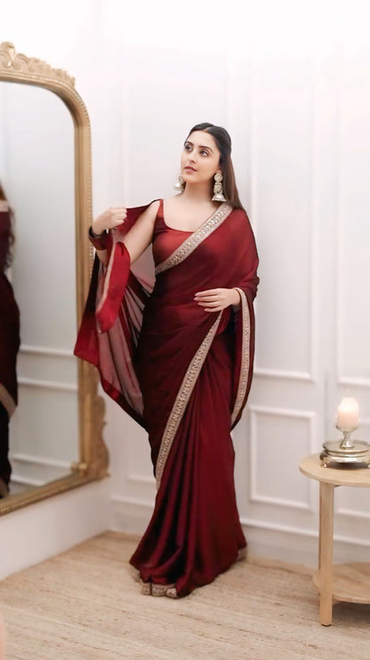 Stylish Rangoli Silk Ready-to-Wear Saree with Lace Border & Stitched Blouse
