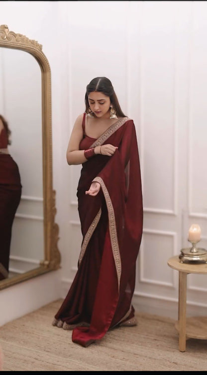 Stylish Rangoli Silk Ready-to-Wear Saree with Lace Border & Stitched Blouse