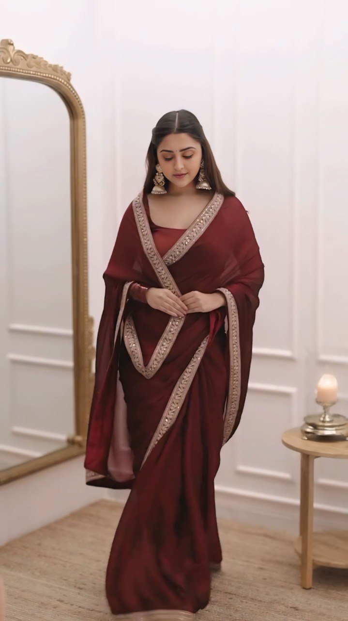 Stylish Rangoli Silk Ready-to-Wear Saree with Lace Border & Stitched Blouse