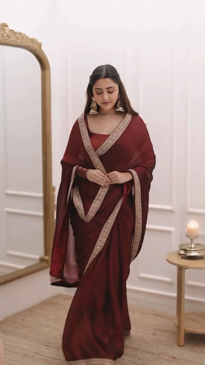 Stylish Rangoli Silk Ready-to-Wear Saree with Lace Border & Stitched Blouse