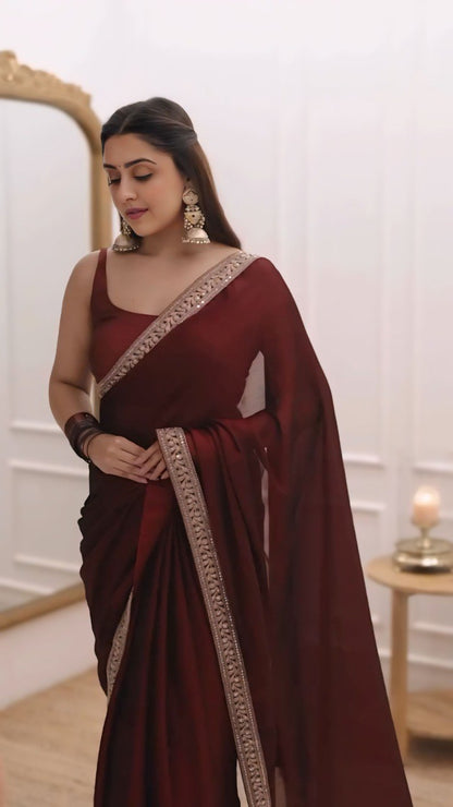 Stylish Rangoli Silk Ready-to-Wear Saree with Lace Border & Stitched Blouse