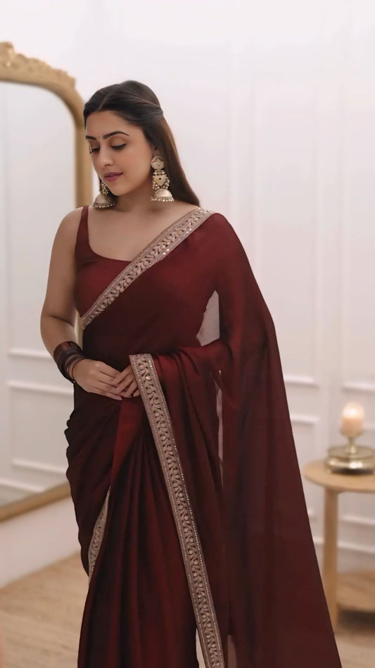 Stylish Rangoli Silk Ready-to-Wear Saree with Lace Border & Stitched Blouse