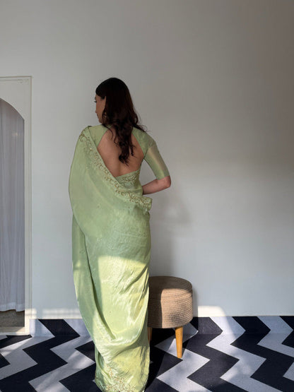 Premium Malai Satin Ready-to-Wear Saree with Handwork & Stitched Blouse