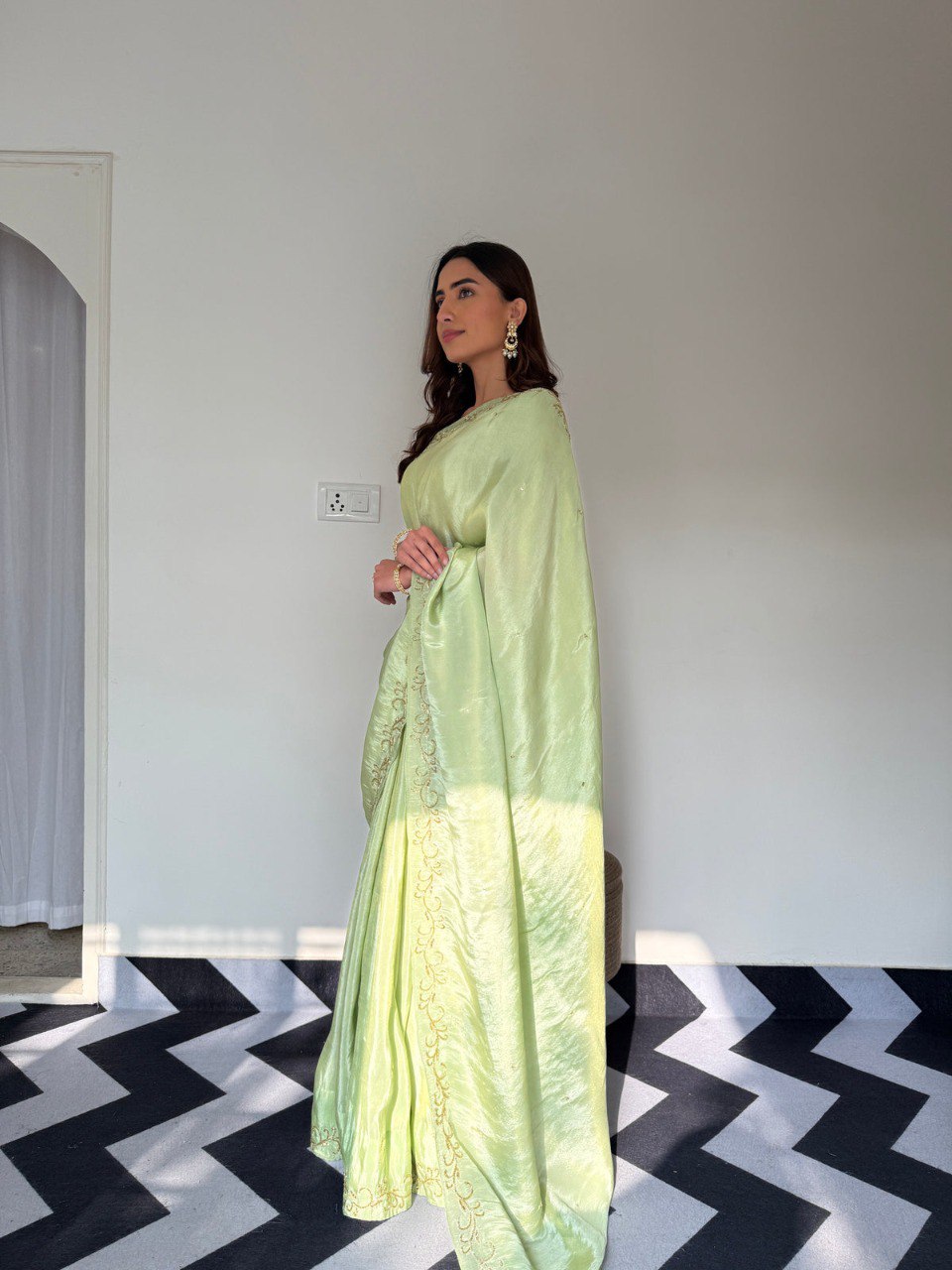 Premium Malai Satin Ready-to-Wear Saree with Handwork & Stitched Blouse