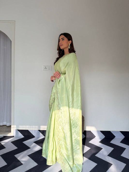 Premium Malai Satin Ready-to-Wear Saree with Handwork & Stitched Blouse
