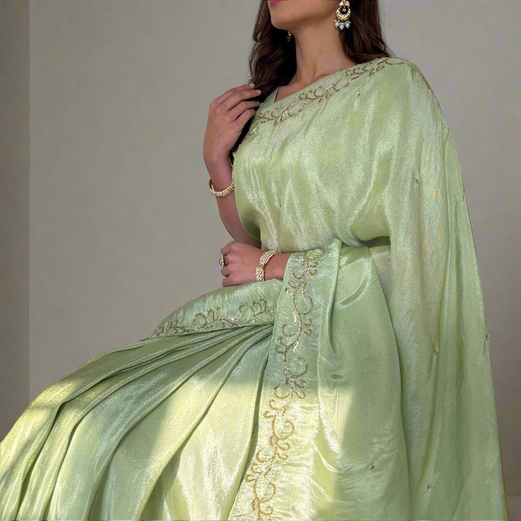 Premium Malai Satin Ready-to-Wear Saree with Handwork & Stitched Blouse
