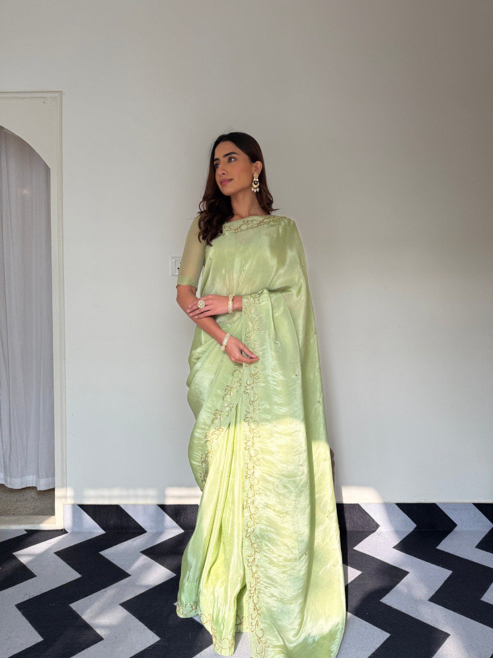 Premium Malai Satin Ready-to-Wear Saree with Handwork & Stitched Blouse