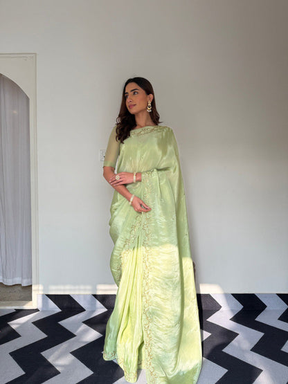 Premium Malai Satin Ready-to-Wear Saree with Handwork & Stitched Blouse