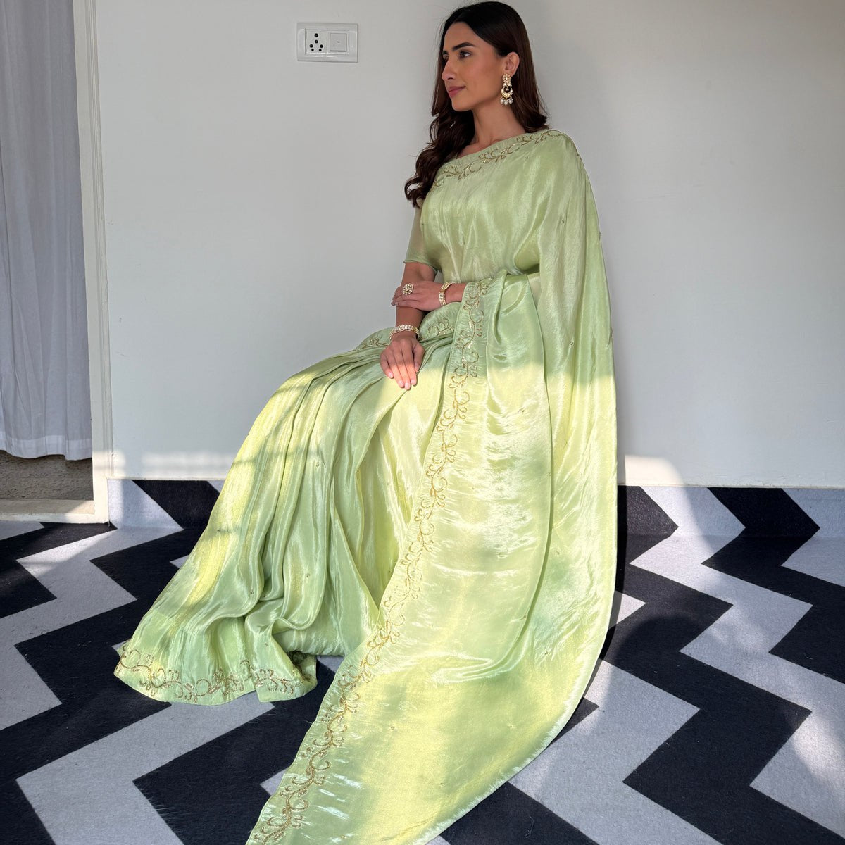 Premium Malai Satin Ready-to-Wear Saree with Handwork & Stitched Blouse