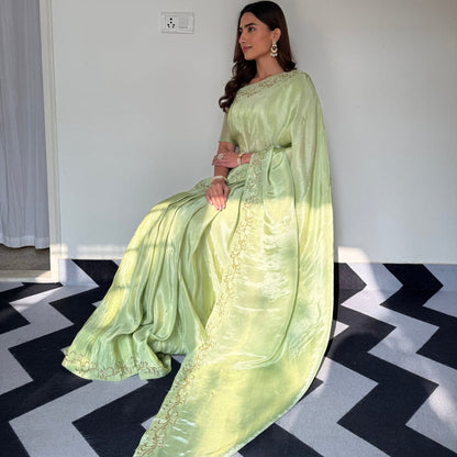 Premium Malai Satin Ready-to-Wear Saree with Handwork & Stitched Blouse