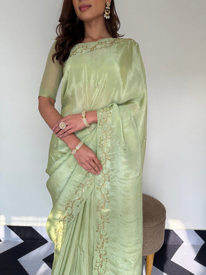 Premium Malai Satin Ready-to-Wear Saree with Handwork & Stitched Blouse
