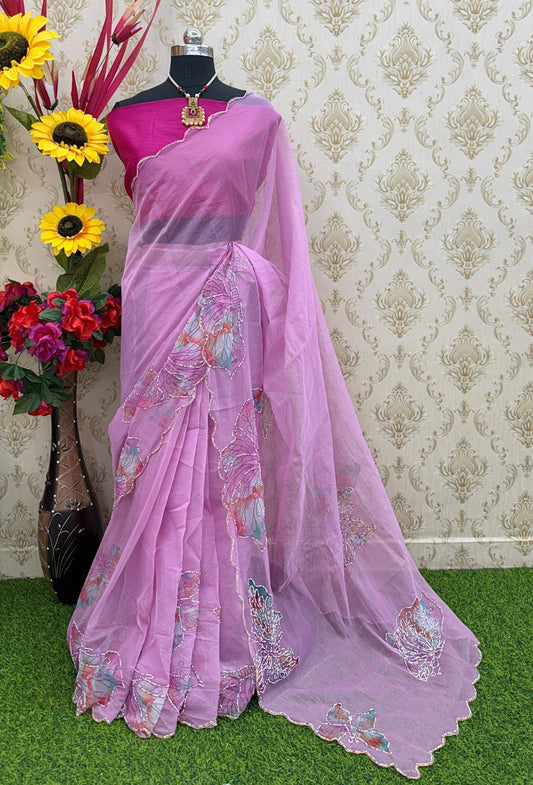 Designer Multi-Color Organza Ready-to-Wear Saree with Printed & Handwork and Silk Blouse