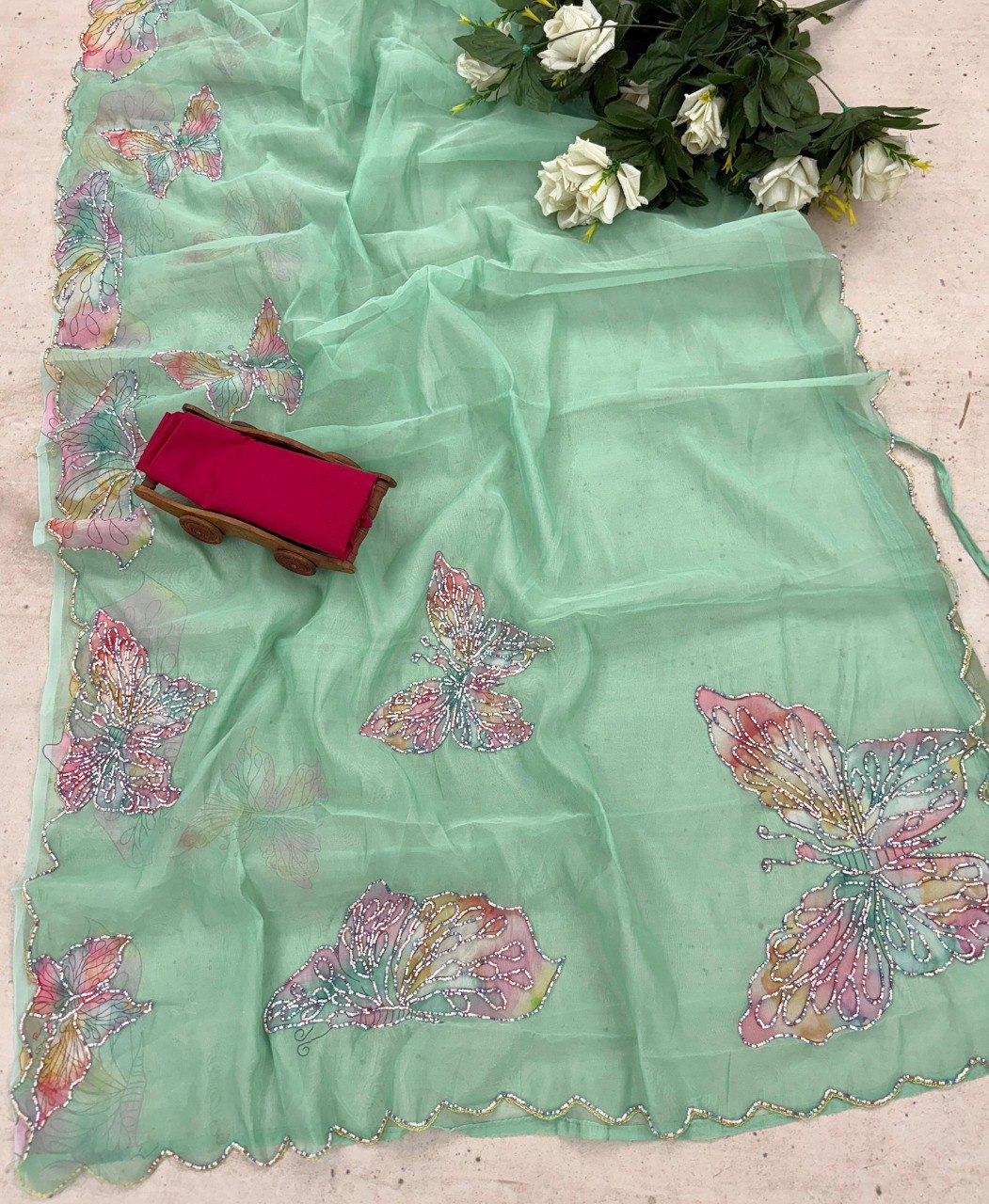 Designer Multi-Color Organza Ready-to-Wear Saree with Printed & Handwork and Silk Blouse