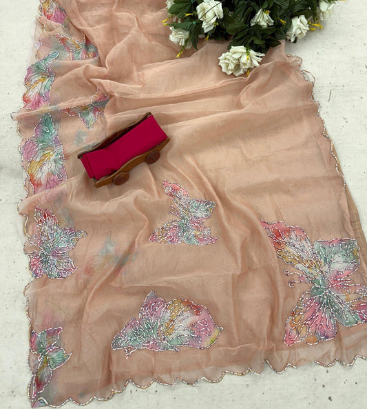 Designer Multi-Color Organza Ready-to-Wear Saree with Printed & Handwork and Silk Blouse