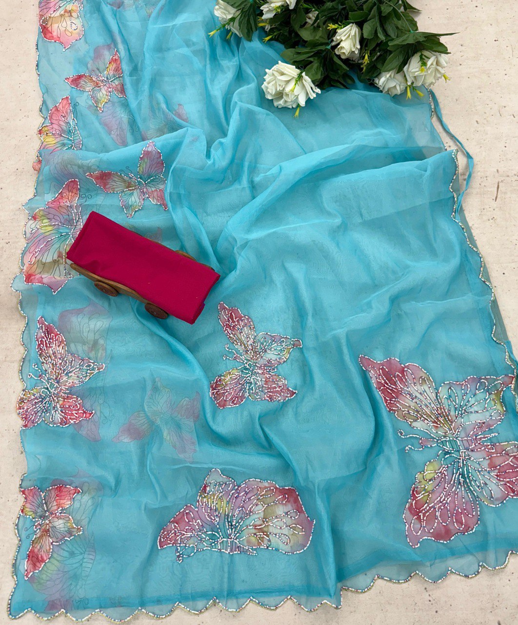 Designer Multi-Color Organza Ready-to-Wear Saree with Printed & Handwork and Silk Blouse