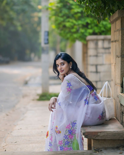 Blush Blossom – Pastel Floral Organza Saree with Elegant Sheer Drape