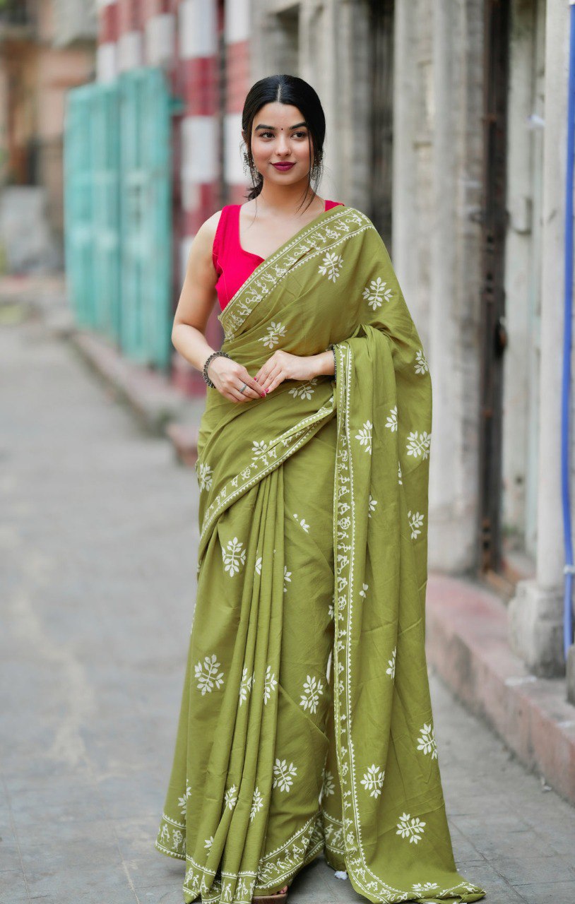 Elegant Ready-to-Wear Mul Cotton Printed Saree with Pocket & Silk Blouse Piece