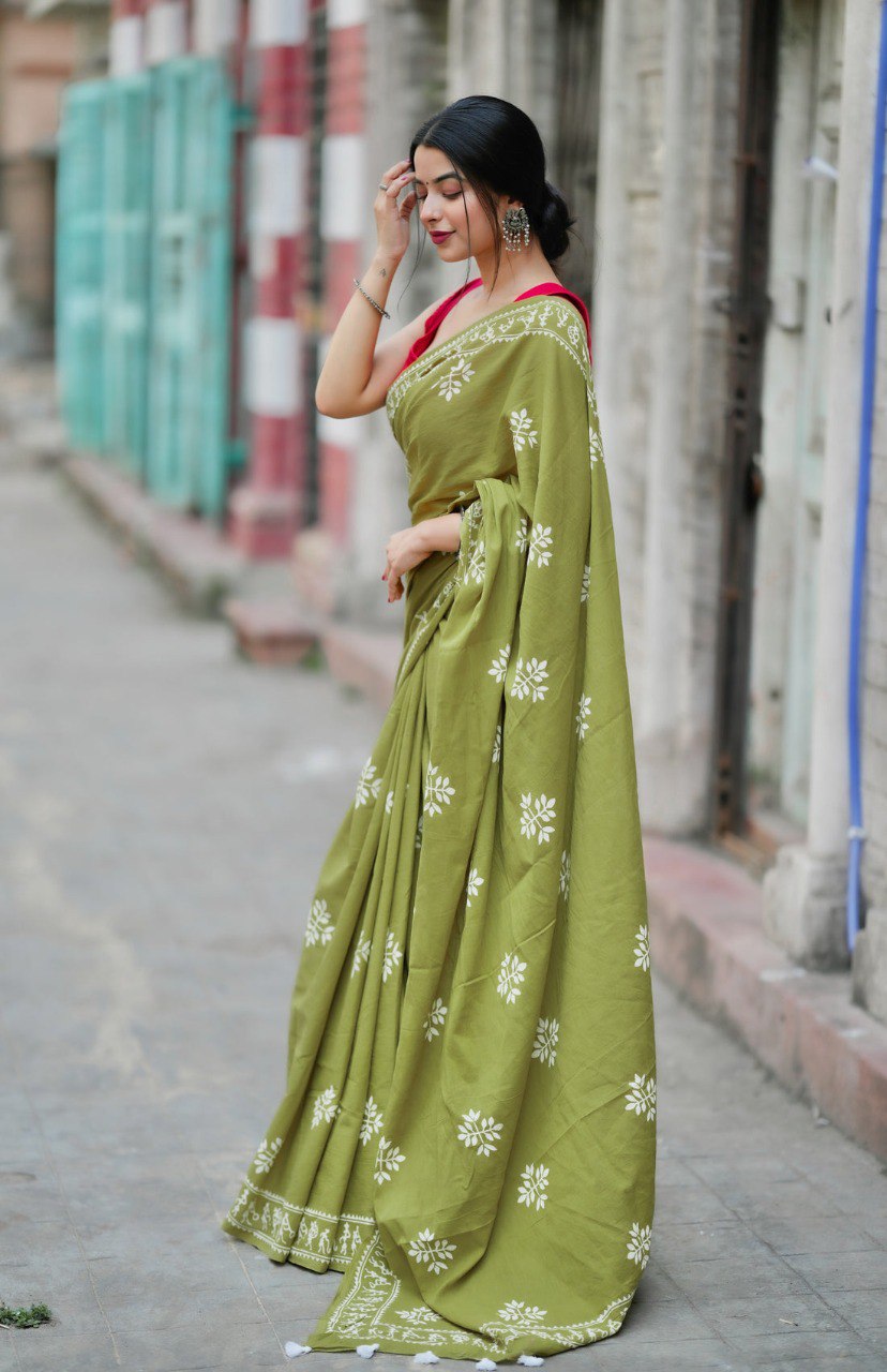 Elegant Ready-to-Wear Mul Cotton Printed Saree with Pocket & Silk Blouse Piece