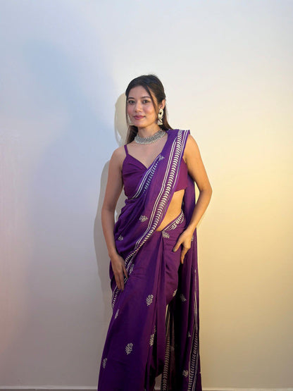 Stylish Olive Green Ready-to-Wear Mul Cotton Printed Saree with Pocket & Silk Blouse Piece