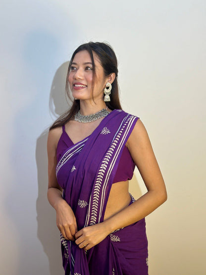 Stylish Olive Green Ready-to-Wear Mul Cotton Printed Saree with Pocket & Silk Blouse Piece