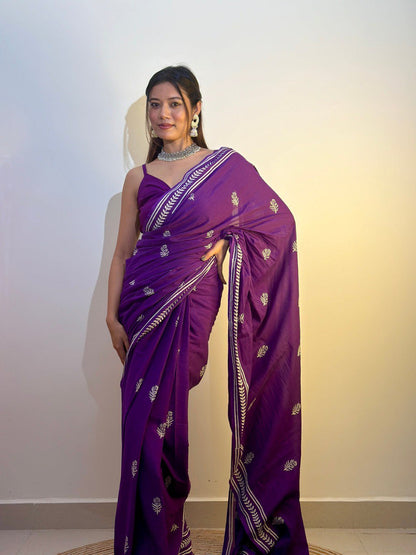 Stylish Olive Green Ready-to-Wear Mul Cotton Printed Saree with Pocket & Silk Blouse Piece