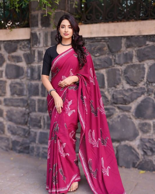 Crimson Charm – Designer Wine Red Printed Saree with Elegant Leaf Motifs