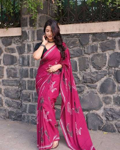 Crimson Charm – Designer Wine Red Printed Saree with Elegant Leaf Motifs