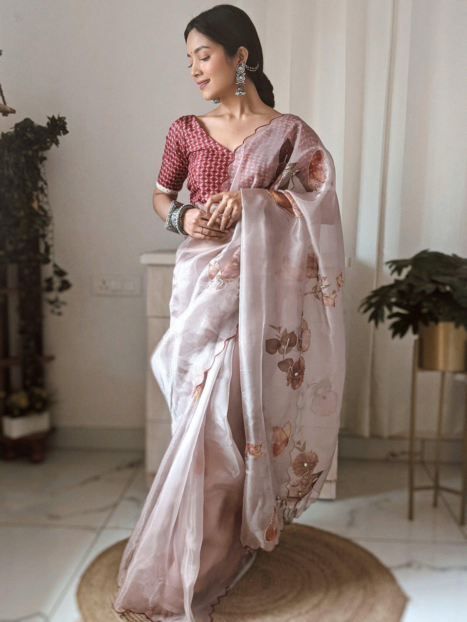 Ivory Bloom – Elegant Floral Organza Saree with Soft Pastel Charm