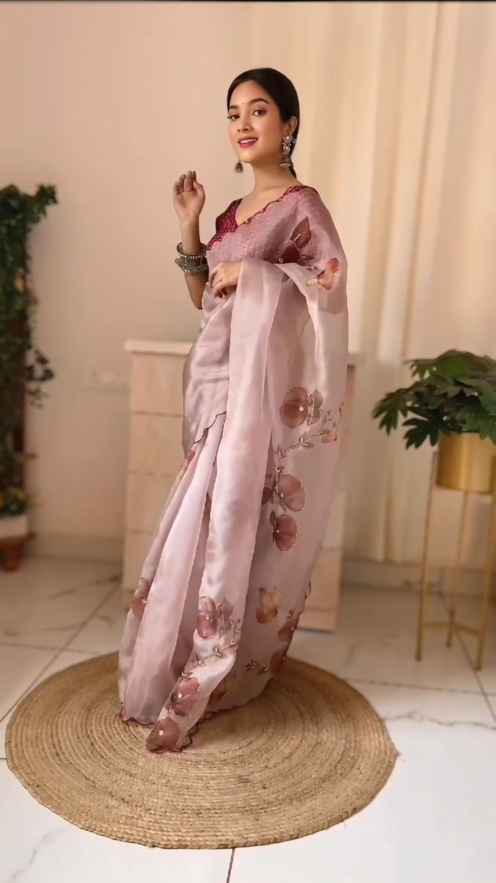 Ivory Bloom – Elegant Floral Organza Saree with Soft Pastel Charm