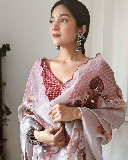 Ivory Bloom – Elegant Floral Organza Saree with Soft Pastel Charm