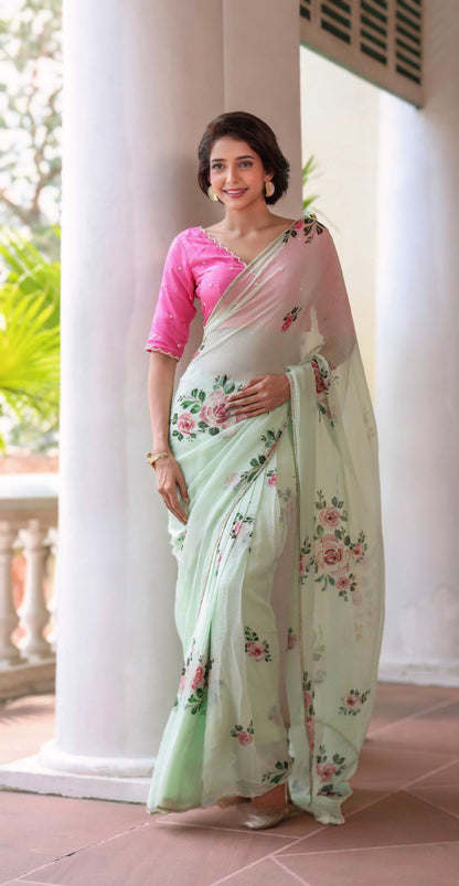 Elegant Pastel Green Organza Saree with Floral Print Design