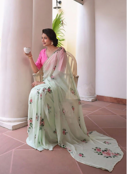 Elegant Pastel Green Organza Saree with Floral Print Design