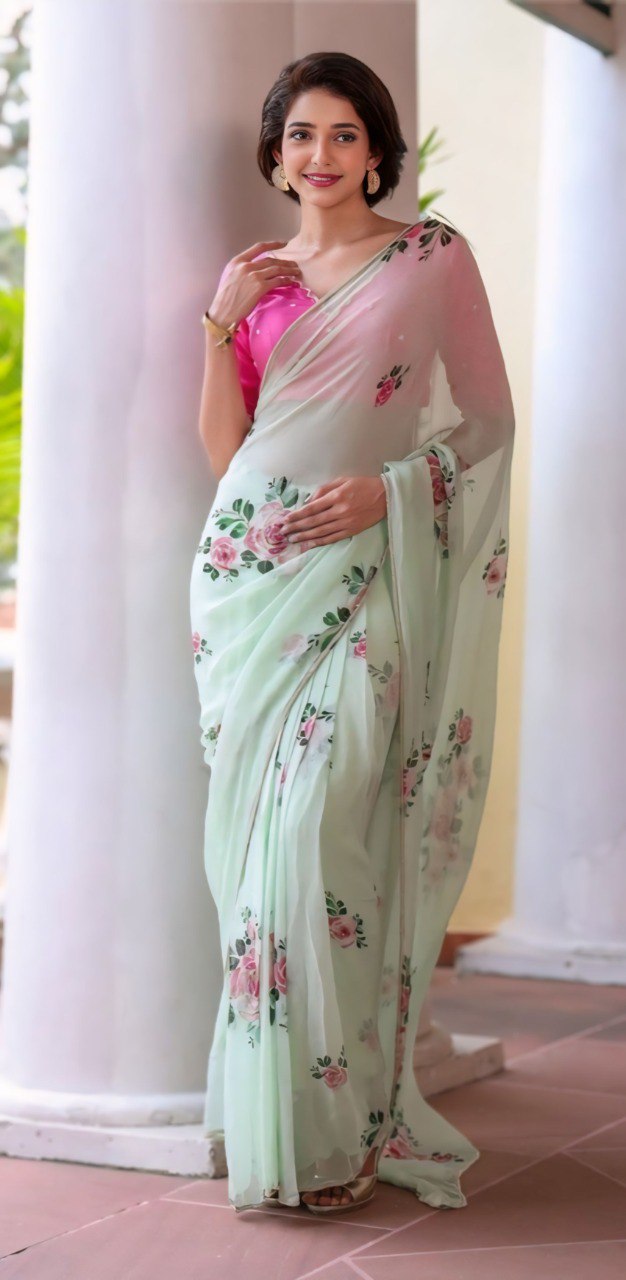 Elegant Pastel Green Organza Saree with Floral Print Design