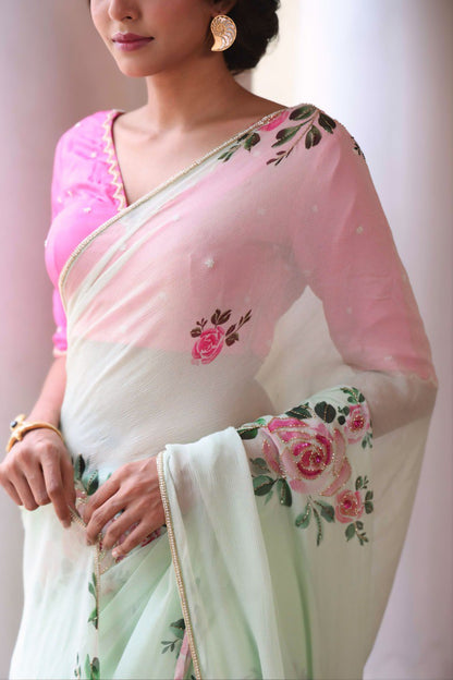 Elegant Pastel Green Organza Saree with Floral Print Design