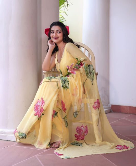 Ready-to-Wear Chiffon Silk Saree with Printed & Handwork Design