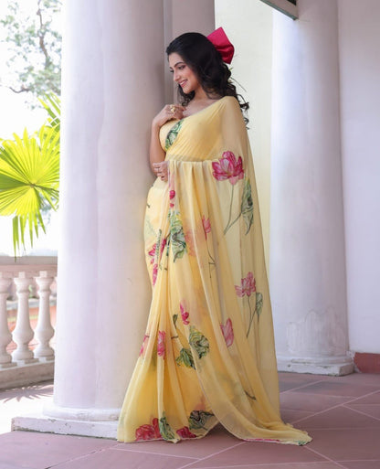 Ready-to-Wear Chiffon Silk Saree with Printed & Handwork Design