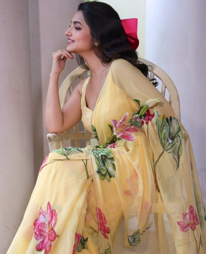 Ready-to-Wear Chiffon Silk Saree with Printed & Handwork Design