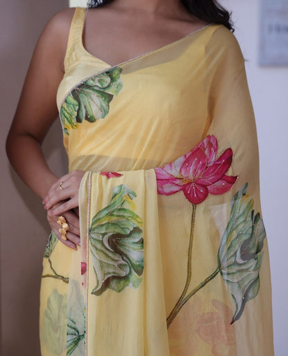Ready-to-Wear Chiffon Silk Saree with Printed & Handwork Design