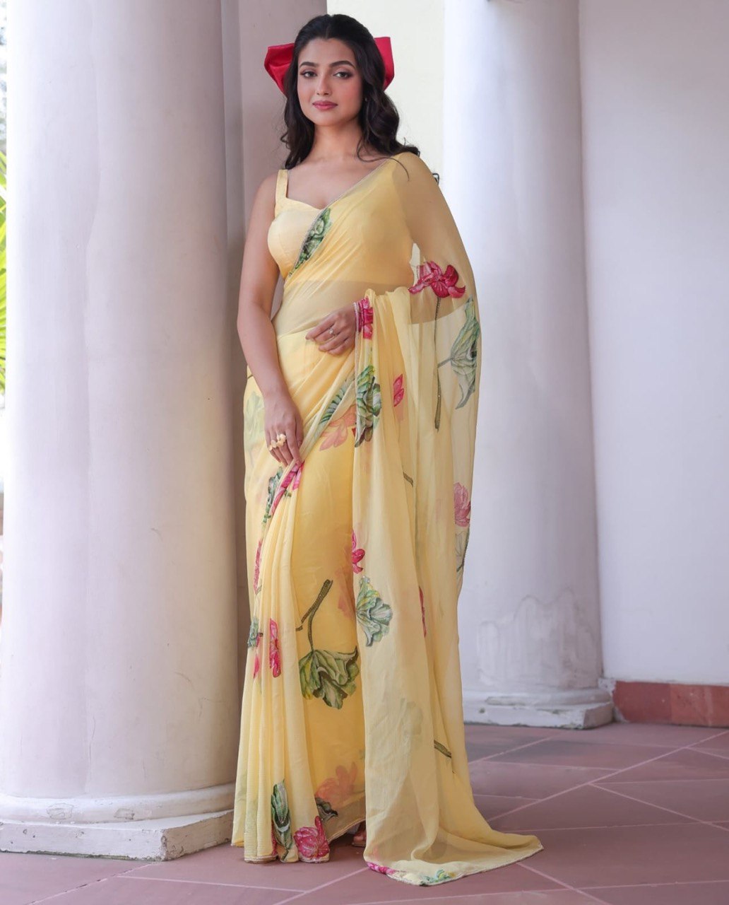 Ready-to-Wear Chiffon Silk Saree with Printed & Handwork Design