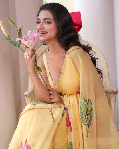 Ready-to-Wear Chiffon Silk Saree with Printed & Handwork Design