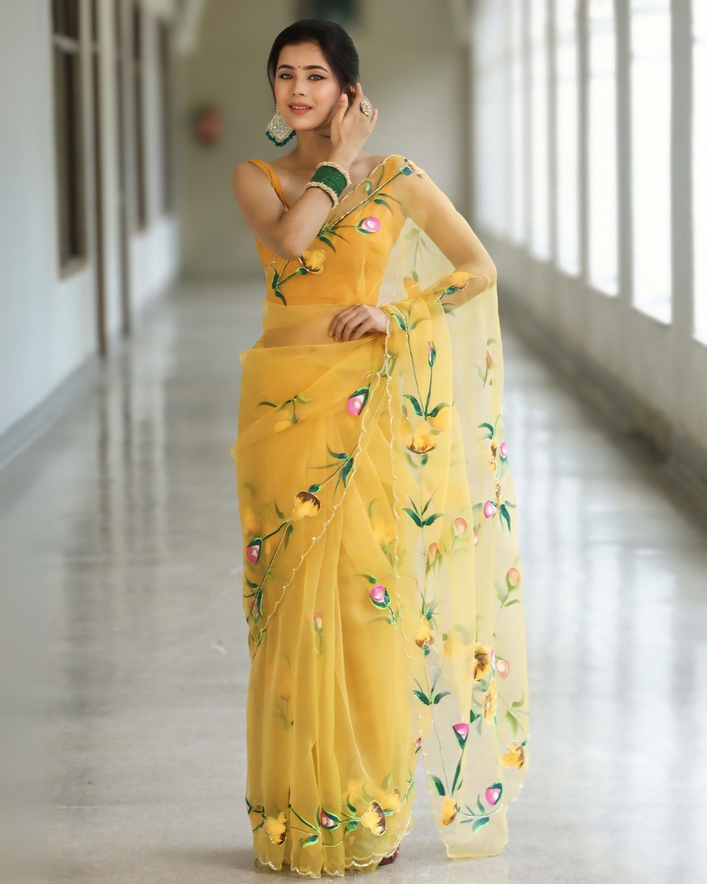Graceful Yellow Organza Saree with Floral Embroidery Design