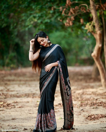 BLACK Crepe Silk Ready-to-Wear Saree with Unstitched Silk Blouse