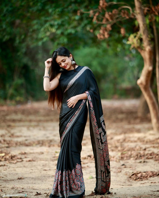 BLACK Crepe Silk Ready-to-Wear Saree with Unstitched Silk Blouse