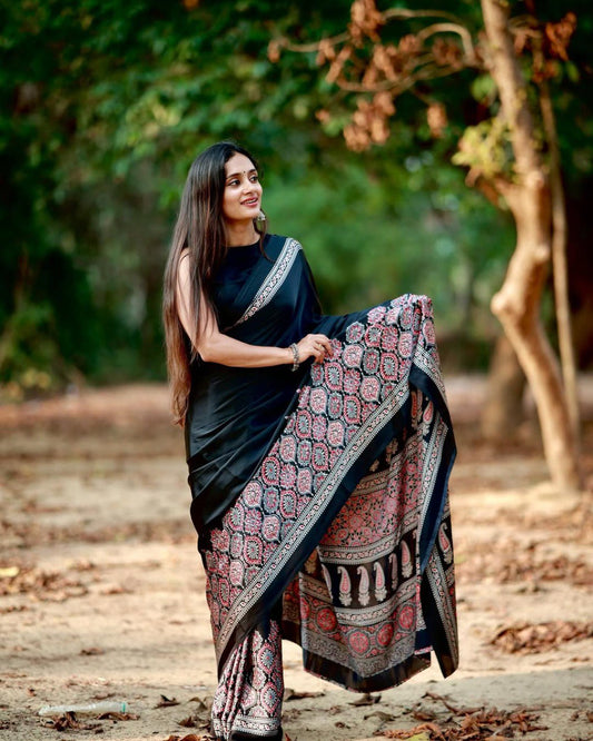 BLACK Crepe Silk Ready-to-Wear Saree with Unstitched Silk Blouse