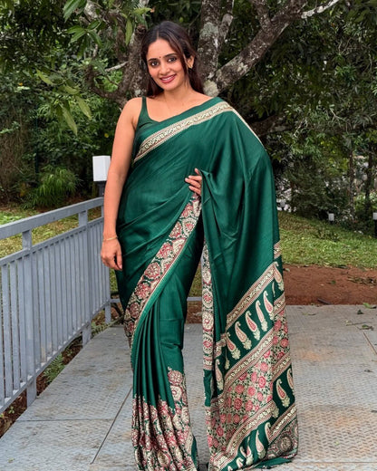 GREEN Crepe Silk Ready-to-Wear Saree with Unstitched Silk Blouse (Copy)