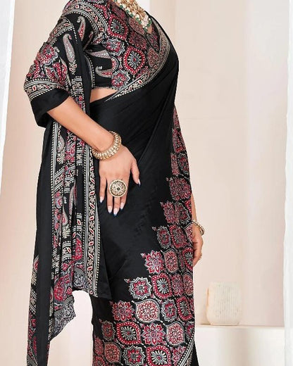 BLACK Crepe Silk Ready-to-Wear Saree with Unstitched Silk Blouse