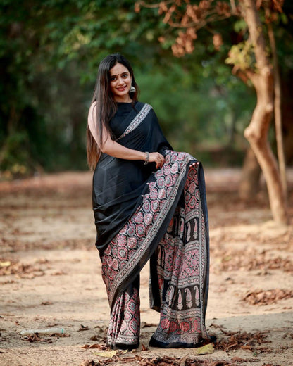 BLACK Crepe Silk Ready-to-Wear Saree with Unstitched Silk Blouse